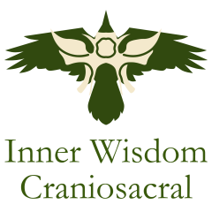 Inner Wisdom Craniosacral logo featuring a stylized raven figure in earthy green with an overlaid sphenoid bone in cream tone above the words “Inner Wisdom Craniosacral” in elegant serif type.