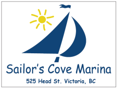 A blue sail and a yellow sun above the words "Sailor's Cove Marina"